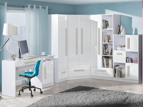 Chambre enfant complète Merevari 107 (Blanc + Blanc brillant + Gris)
