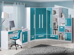 Chambre enfant complète Merevari 107 (Blanc + Brillant Turquoise)