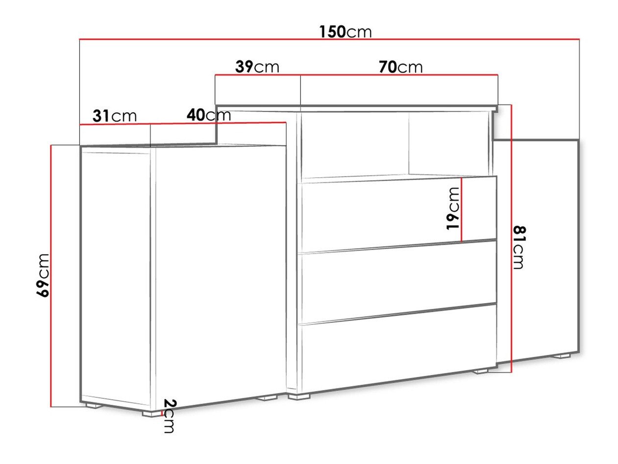 Commode Sarasota 127 (Blanc + Blanc brillant + Chêne wotan)