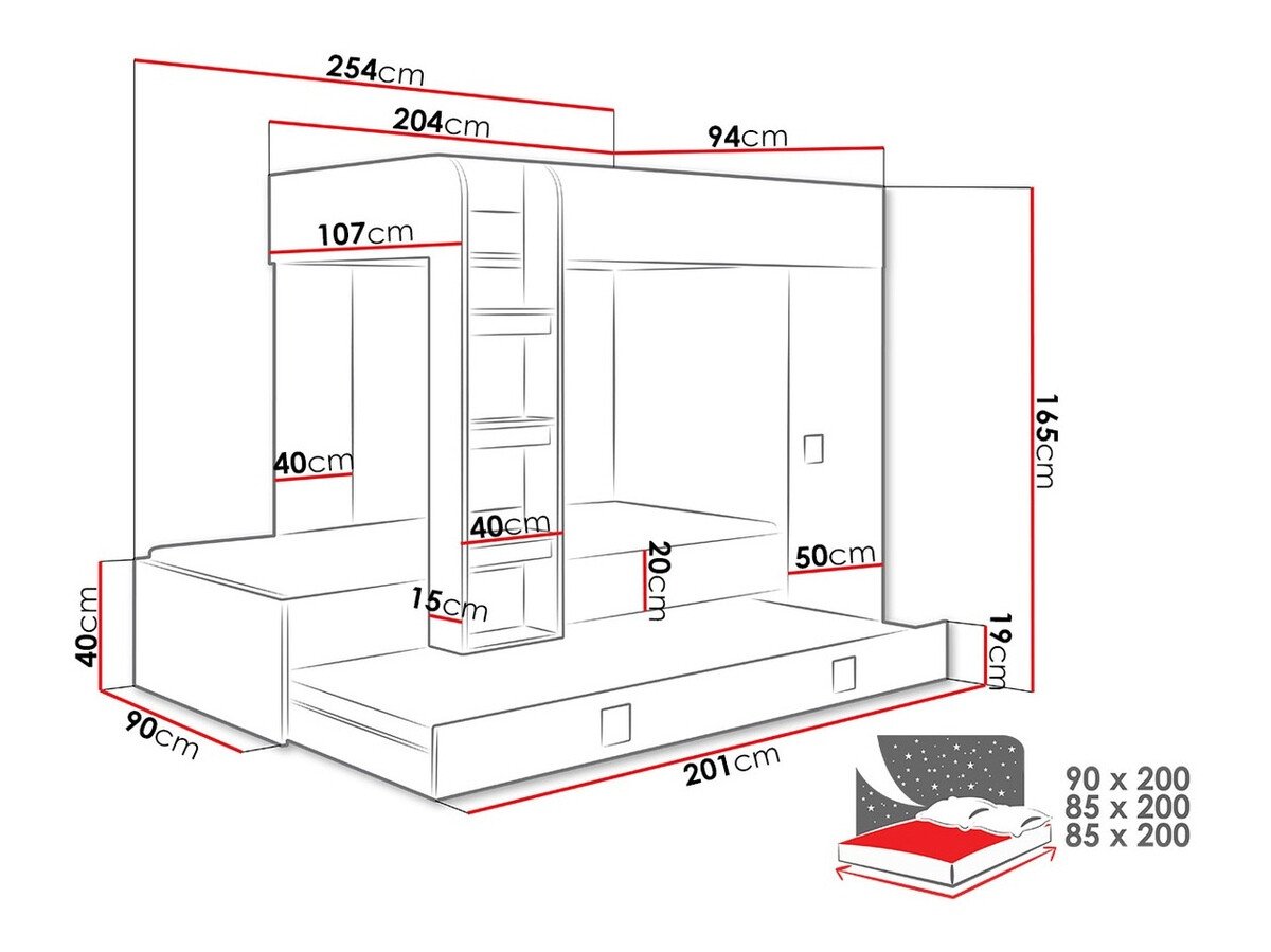 Lit superposé Hartford 191 (Blanc + Blanc brillant + Noir brillant)