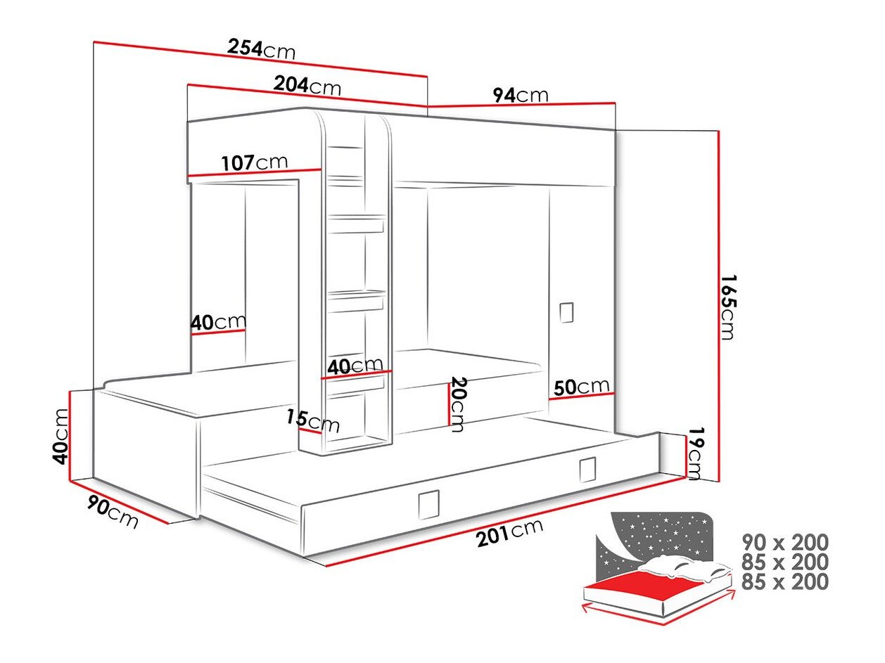 Lit superposé Hartford 191 (Blanc + Noir brillant + Blanc brillant)