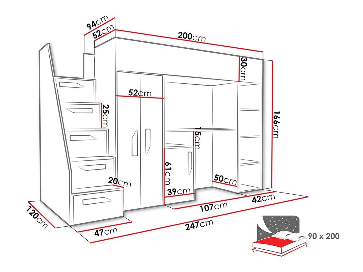 Lit mezzanine Hartford 192 (Blanc + Blanc brillant + Rose brillant)