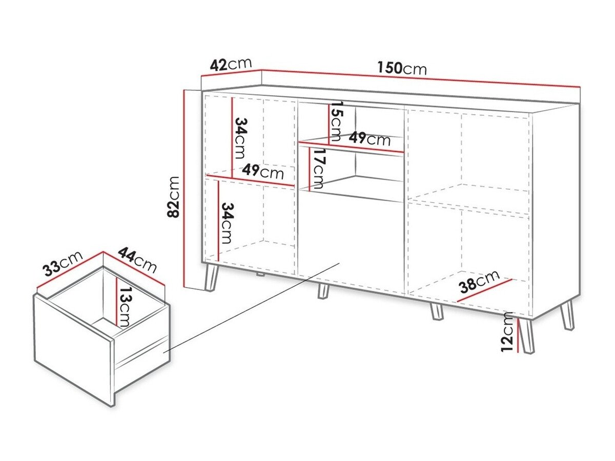 Commode Charlotte 143 (Noir + Noir brillant)