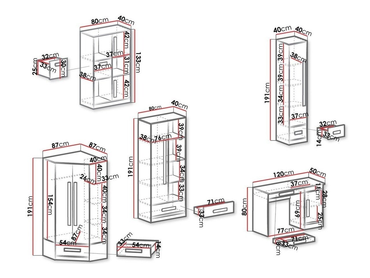 Chambre enfant complète Merevari 107 (Blanc + Blanc brillant + Gris)