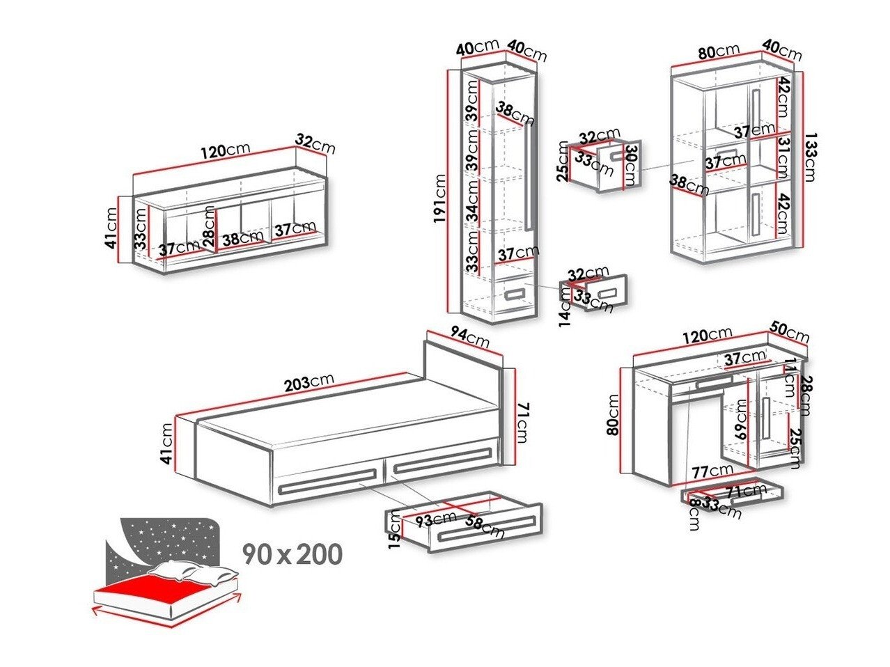 Chambre enfant complète Merevari 108 (Blanc + Blanc brillant + Gris)