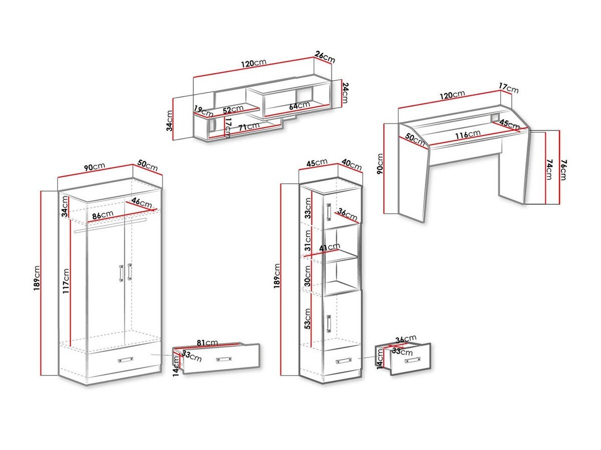 Chambre enfant complète Sorviru 106 (Blanc + Rose)