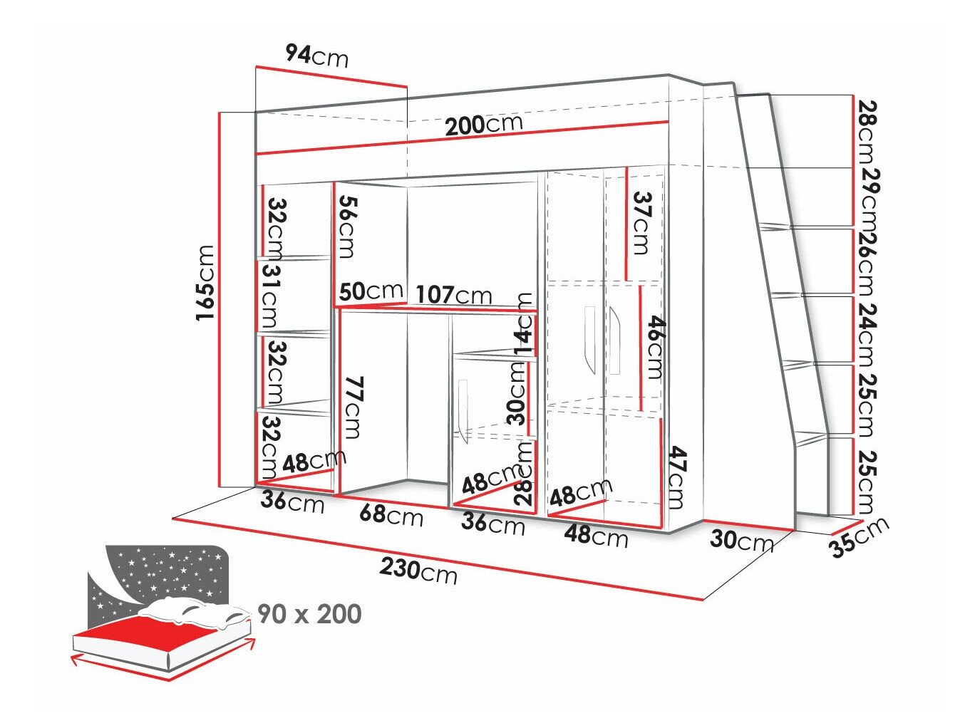 Lit mezzanine Hartford 355 (Blanc + Brillant Turquoise + Blanc brillant)