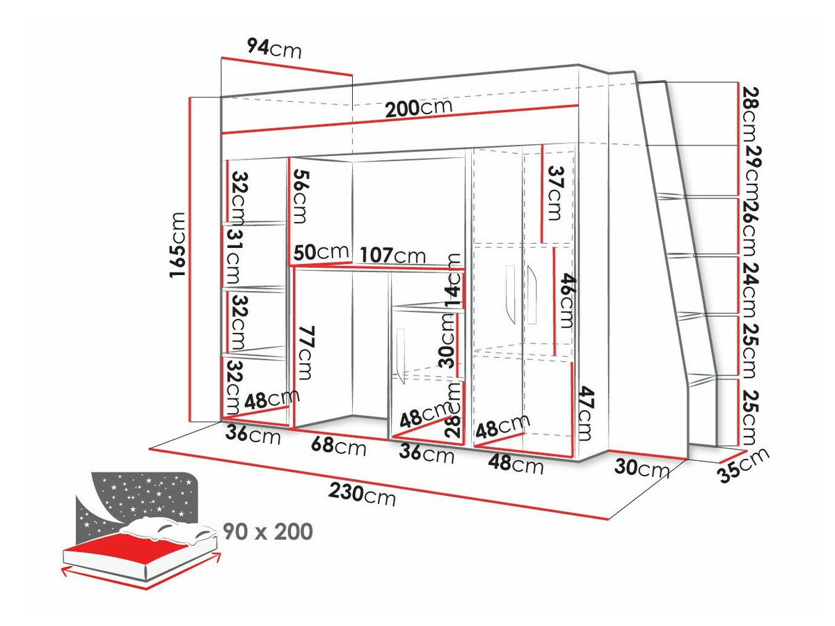 Lit mezzanine Hartford 355 (Blanc + Noir brillant + Blanc brillant)