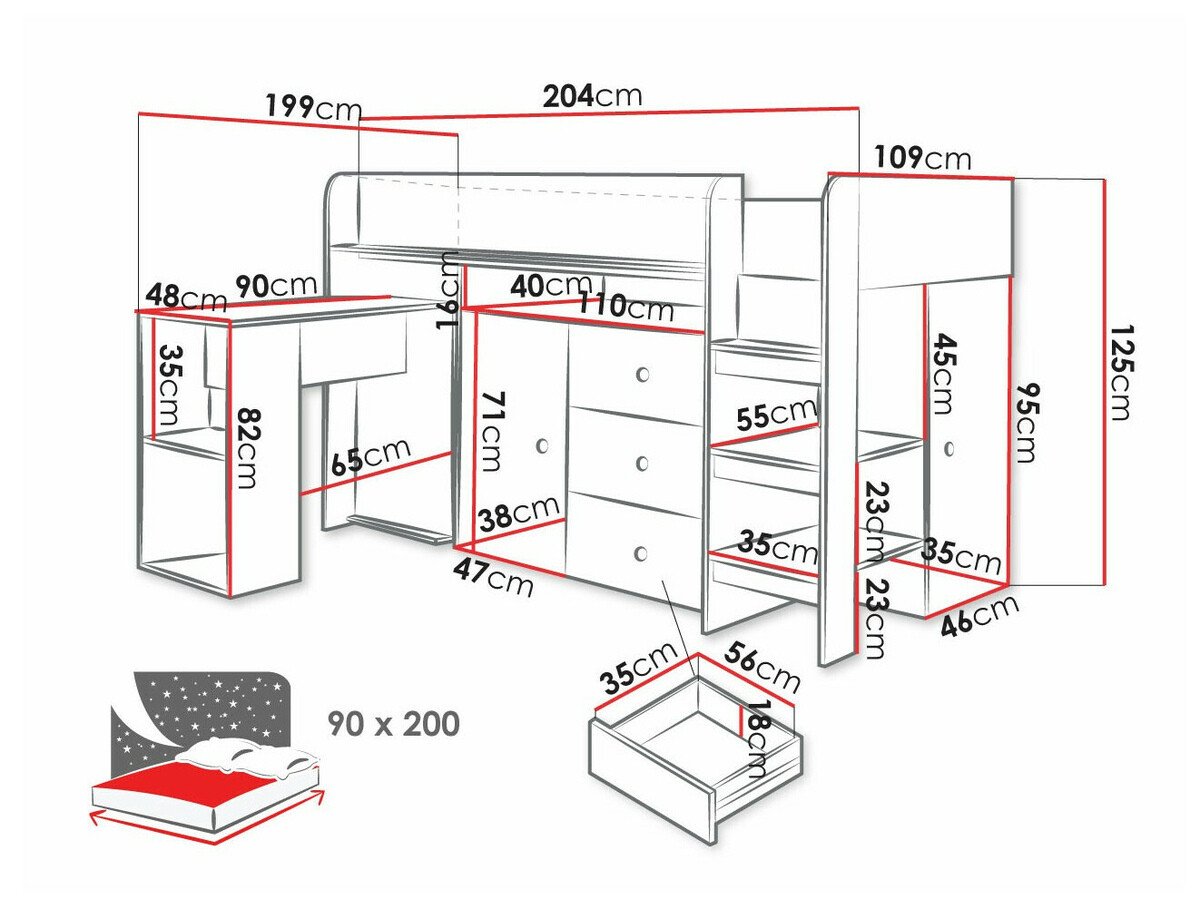 Lit mezzanine Hartford 359 (Chêne Artisan + Blanc)