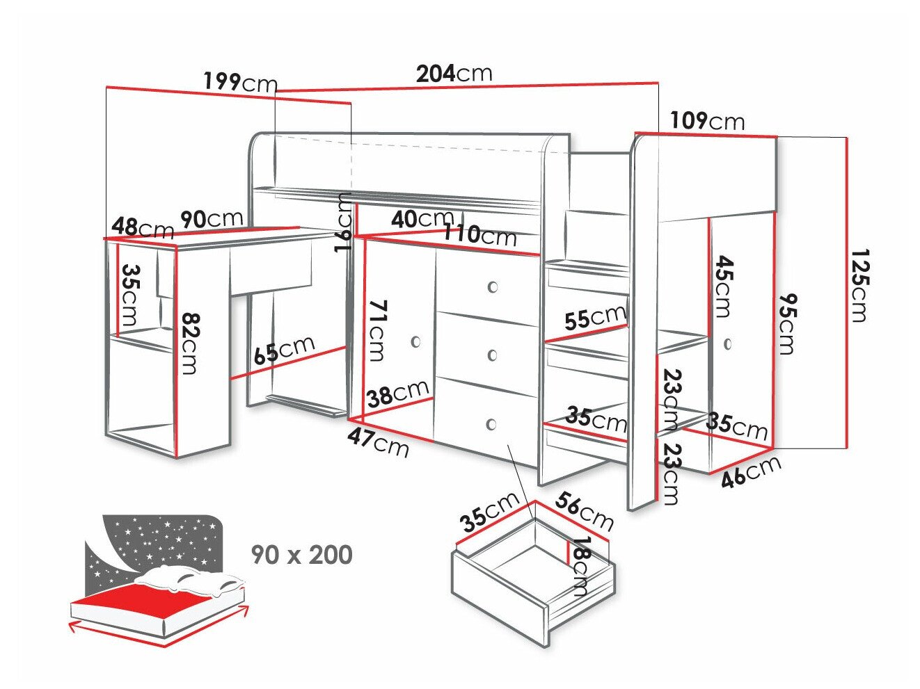 Lit mezzanine Hartford 359 (Chêne Artisan + Noir)
