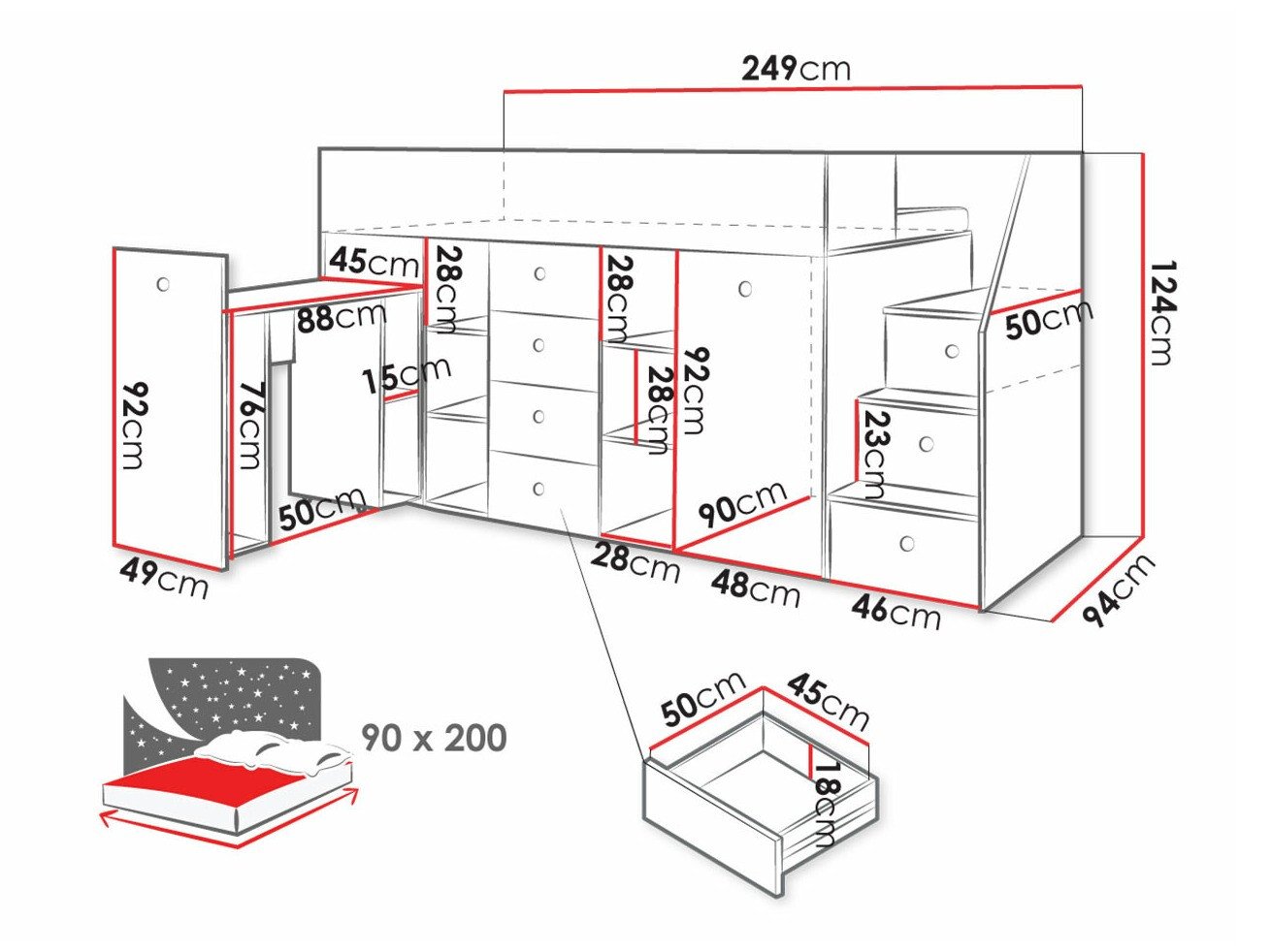 Lit mezzanine Hartford 361 (Chêne Artisan + Noir)