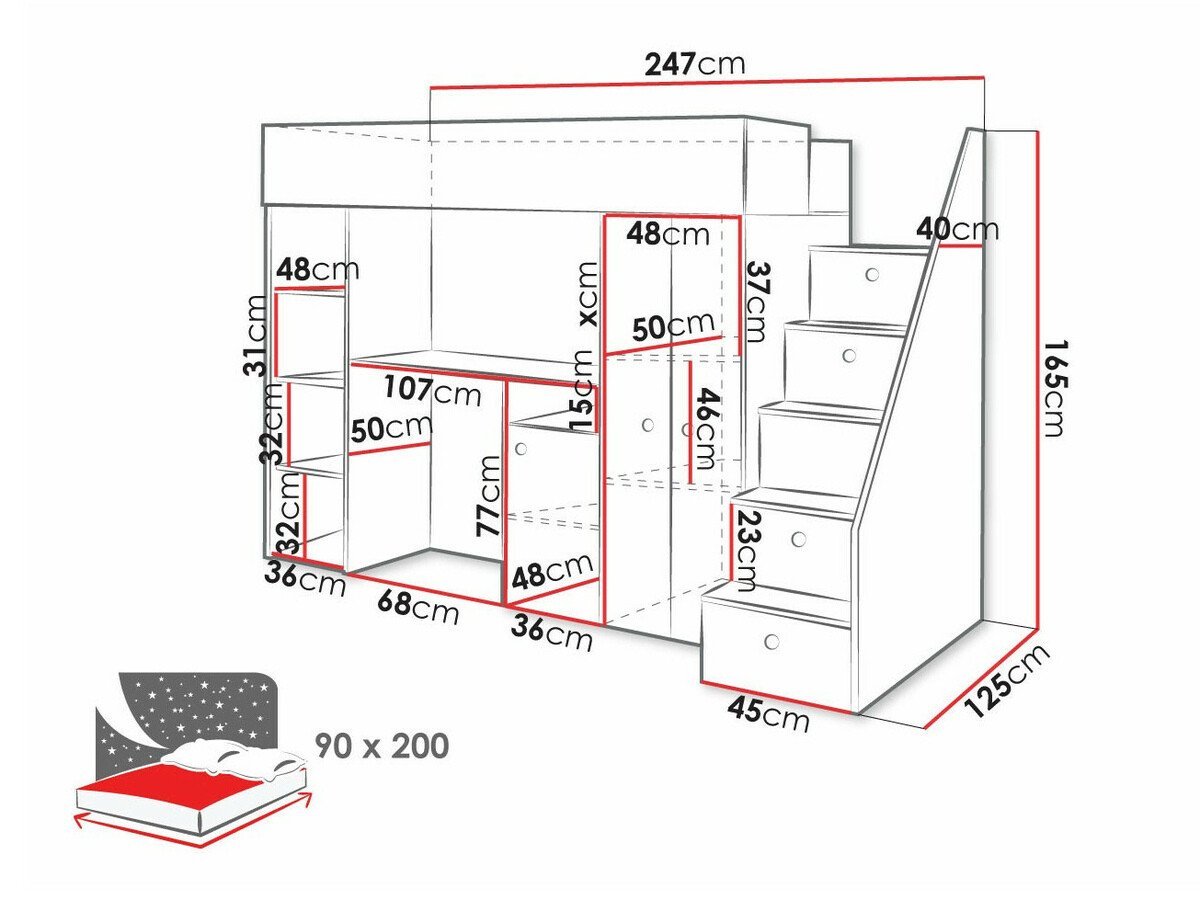 Lit mezzanine Hartford 362 (Chêne Artisan + Blanc)