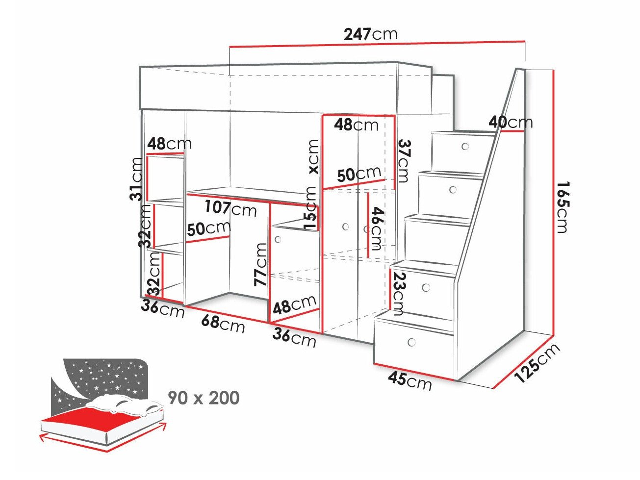Lit mezzanine Hartford 362 (Chêne Artisan + Noir)