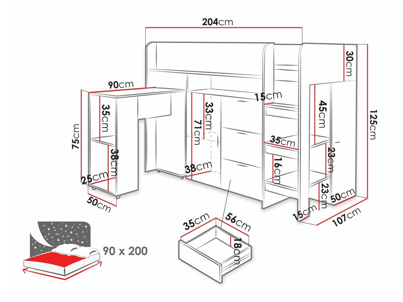 Lit mezzanine Hartford 363 (Béton + Blanc)