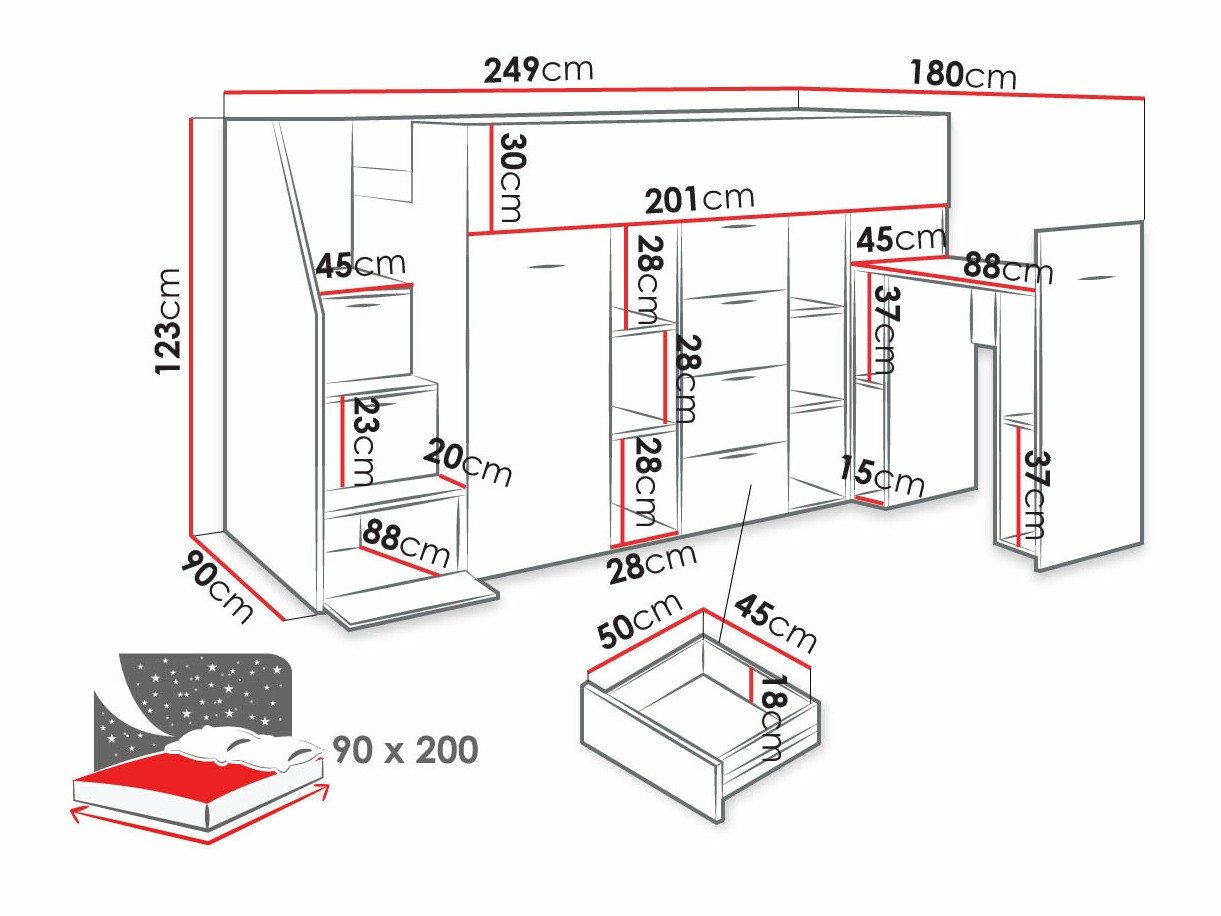 Lit mezzanine Hartford 364 (Béton + Blanc)