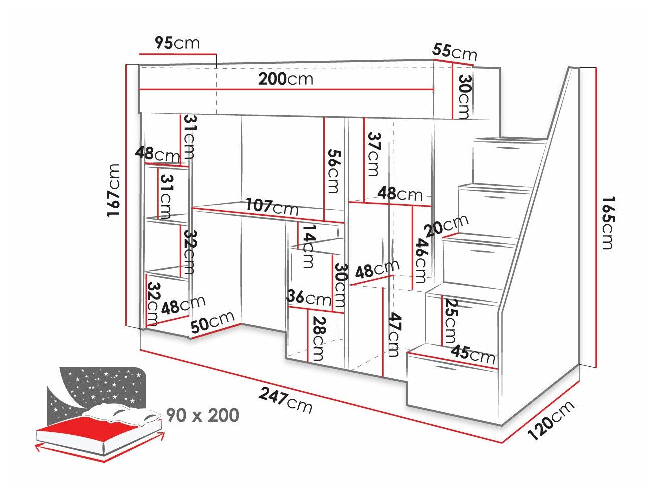 Lit mezzanine Hartford 365 (Béton + Blanc)