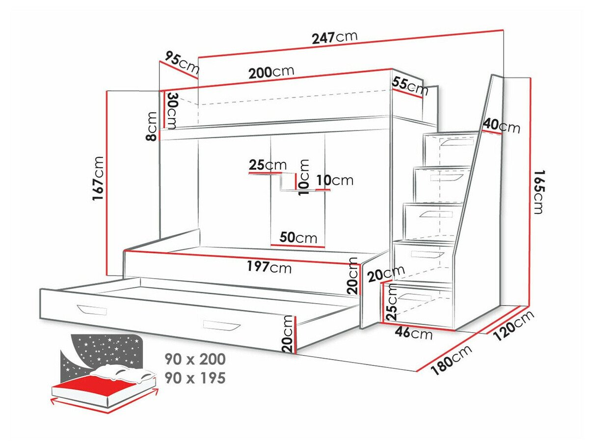 Lit superposé Hartford 356 (Blanc + Rose brillant + Blanc brillant)