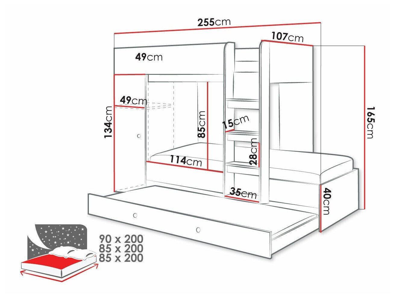 Lit superposé Hartford 360 (Chêne Artisan + Noir)