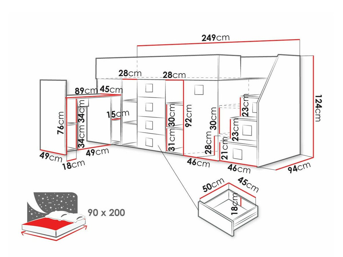 Lit mezzanine Hartford 366 (Blanc + Blanc brillant + Gris)