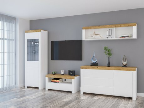 Ensemble de salon Sonsoru 144 (Blanc + Blanc brillant + Chêne wotan)