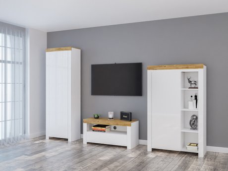 Ensemble de salon Sonsoru 147 (Blanc + Blanc brillant + Chêne wotan)