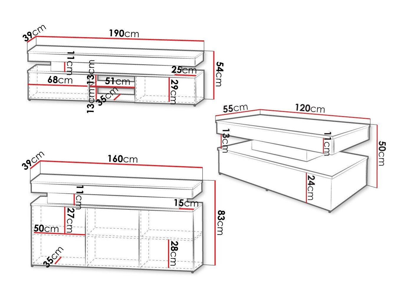 Ensemble de salon Monfero (Blanc + Blanc brillant)