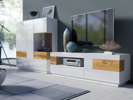 Ensemble de salon Livlore 110 (Blanc + Blanc brillant + Chêne wotan)