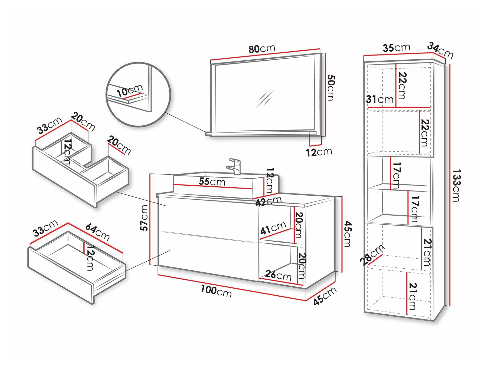 Ensemble de salle de bain Nauta I (Blanc + Marbre blanc)