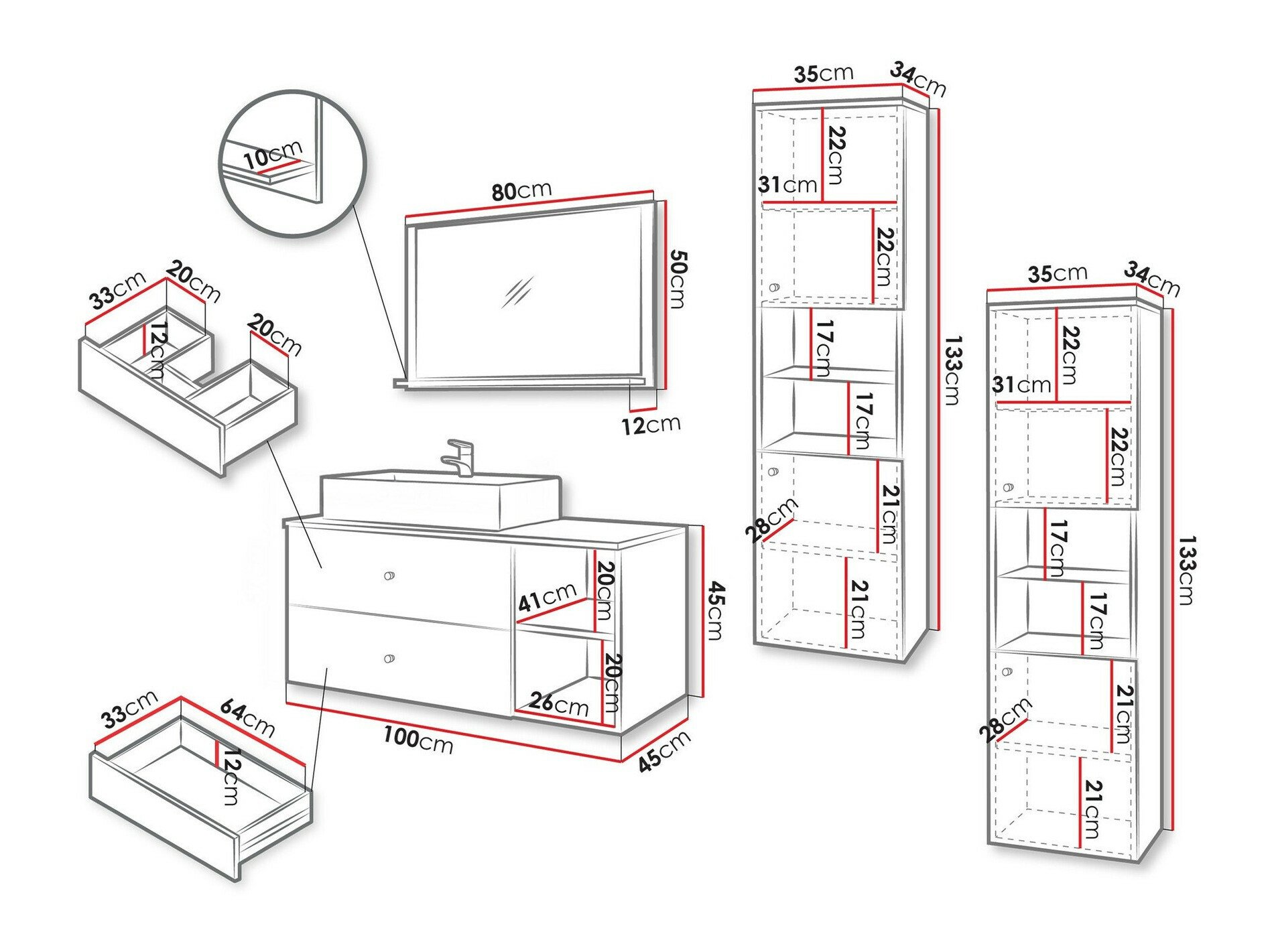 Ensemble de salle de bain Salus III (Noir + Marbre noir)