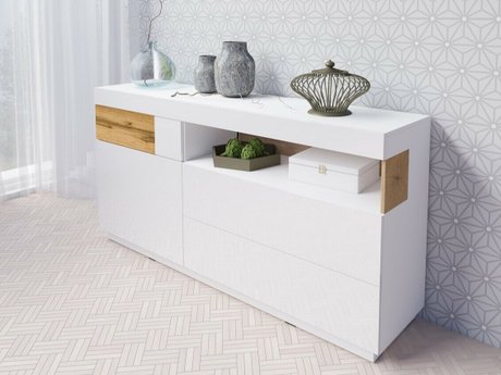 Commode Livlore 107 (Blanc + Blanc brillant + Chêne wotan)