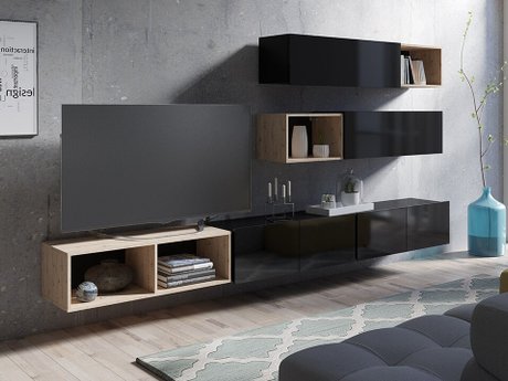 Ensemble de salon Remus XXV (Noir + Noir brillant + Chêne Artisan)