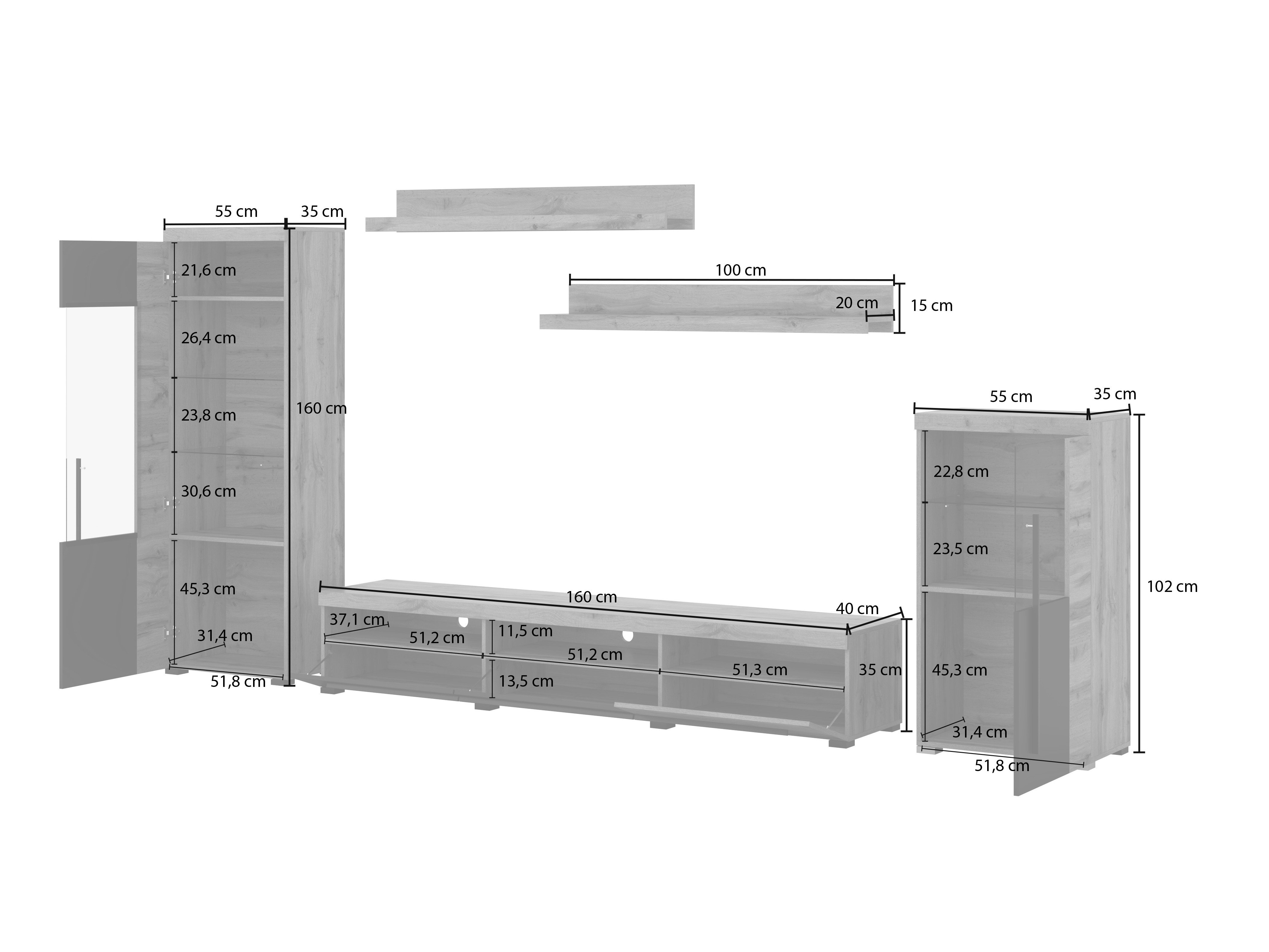 Ensemble de salon Sorciro 103 (Noir + Chêne wotan)