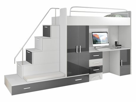 Chambre enfant complète Campus I (Blanc + Blanc brillant + Gris brillant)