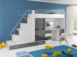 Chambre enfant complète Salmere 100 (Blanc + Blanc brillant + Gris brillant)