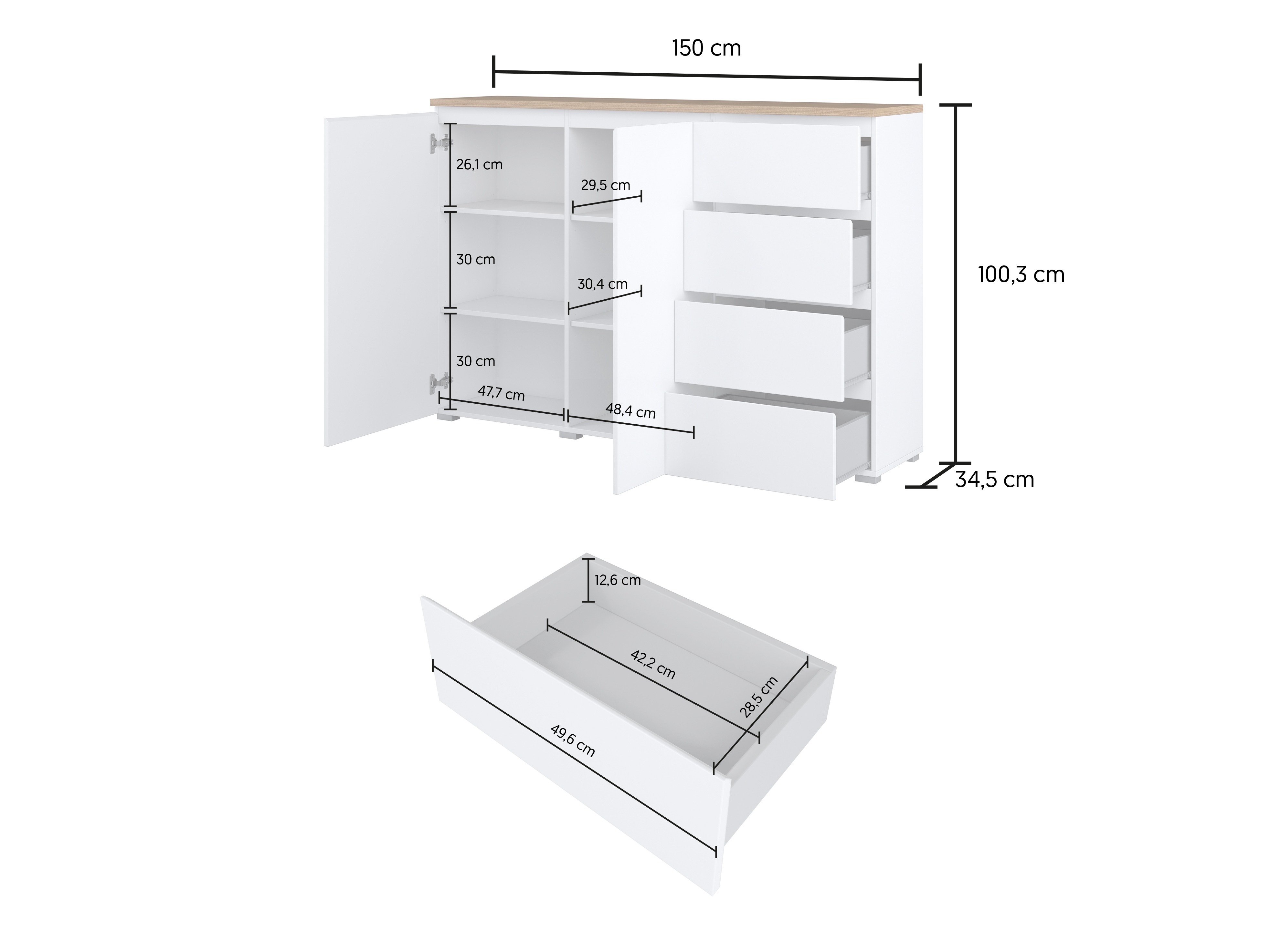Commode Baletu 109 (Blanc + Chêne)