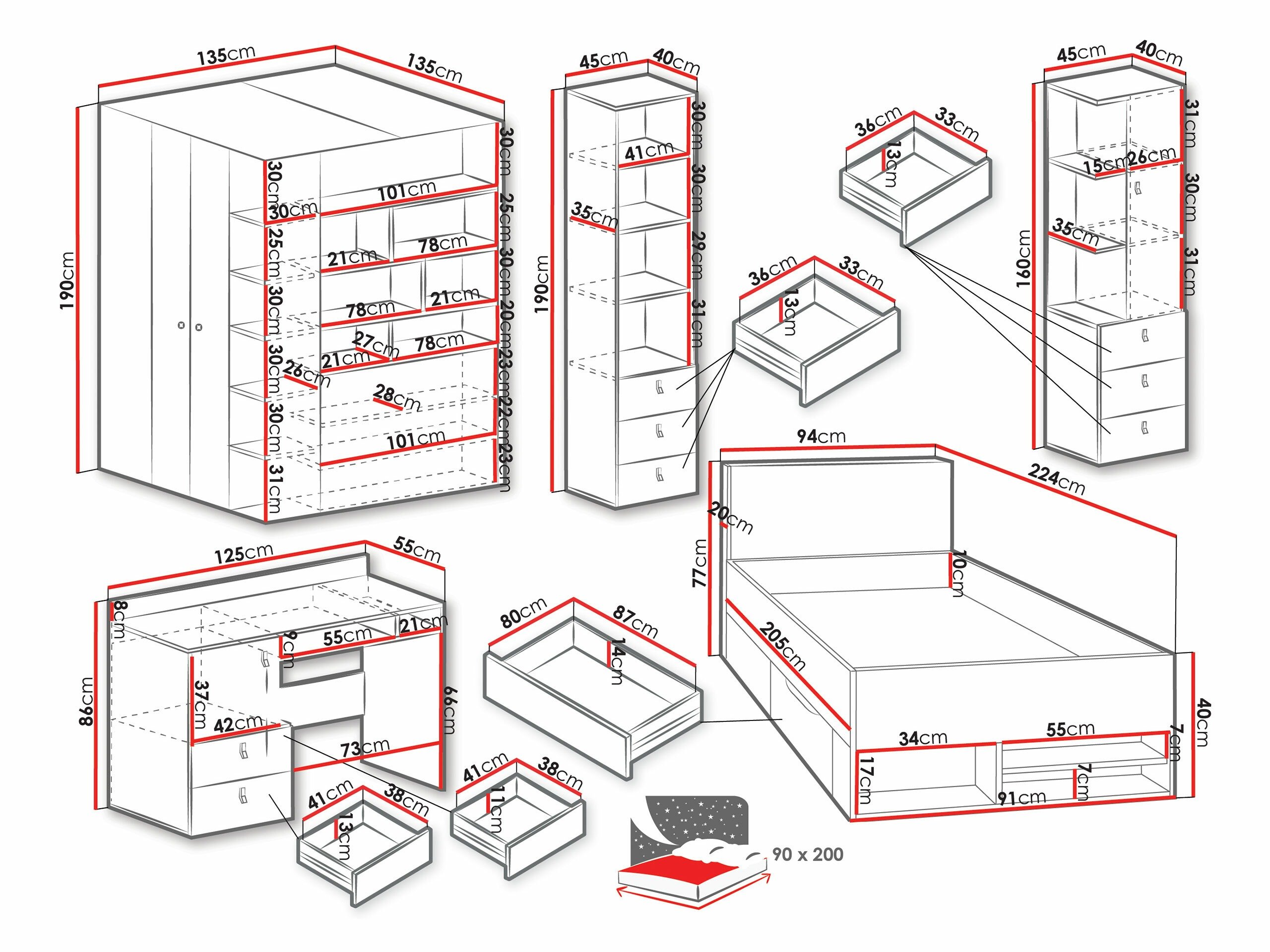 Chambre enfant complète Camteso 115 (Blanc + Chêne + Turquoise)