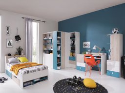 Chambre enfant complète Camteso 115 (Blanc + Chêne + Turquoise)