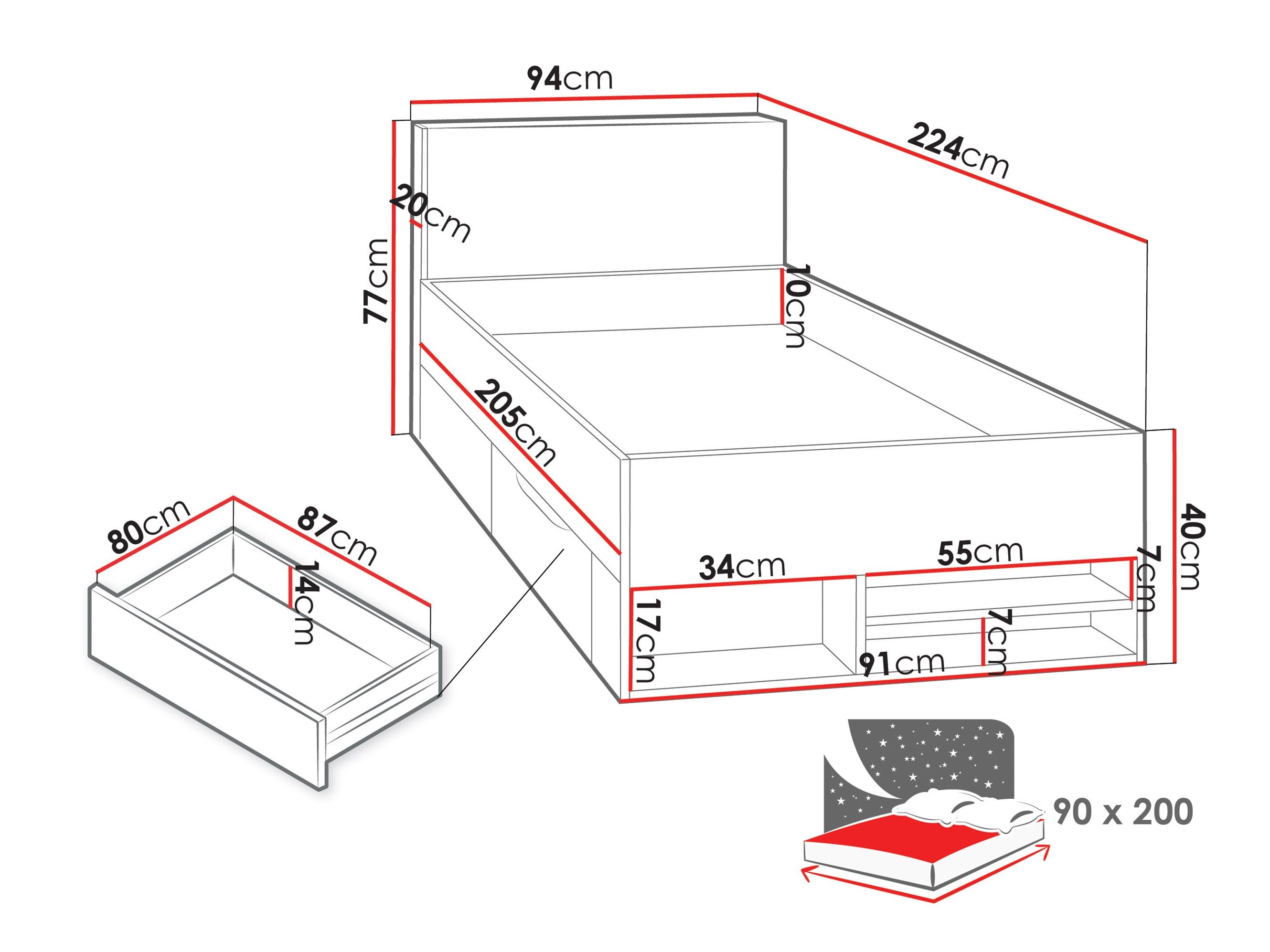 Lit Camteso 112 (Blanc + Chêne + Turquoise)