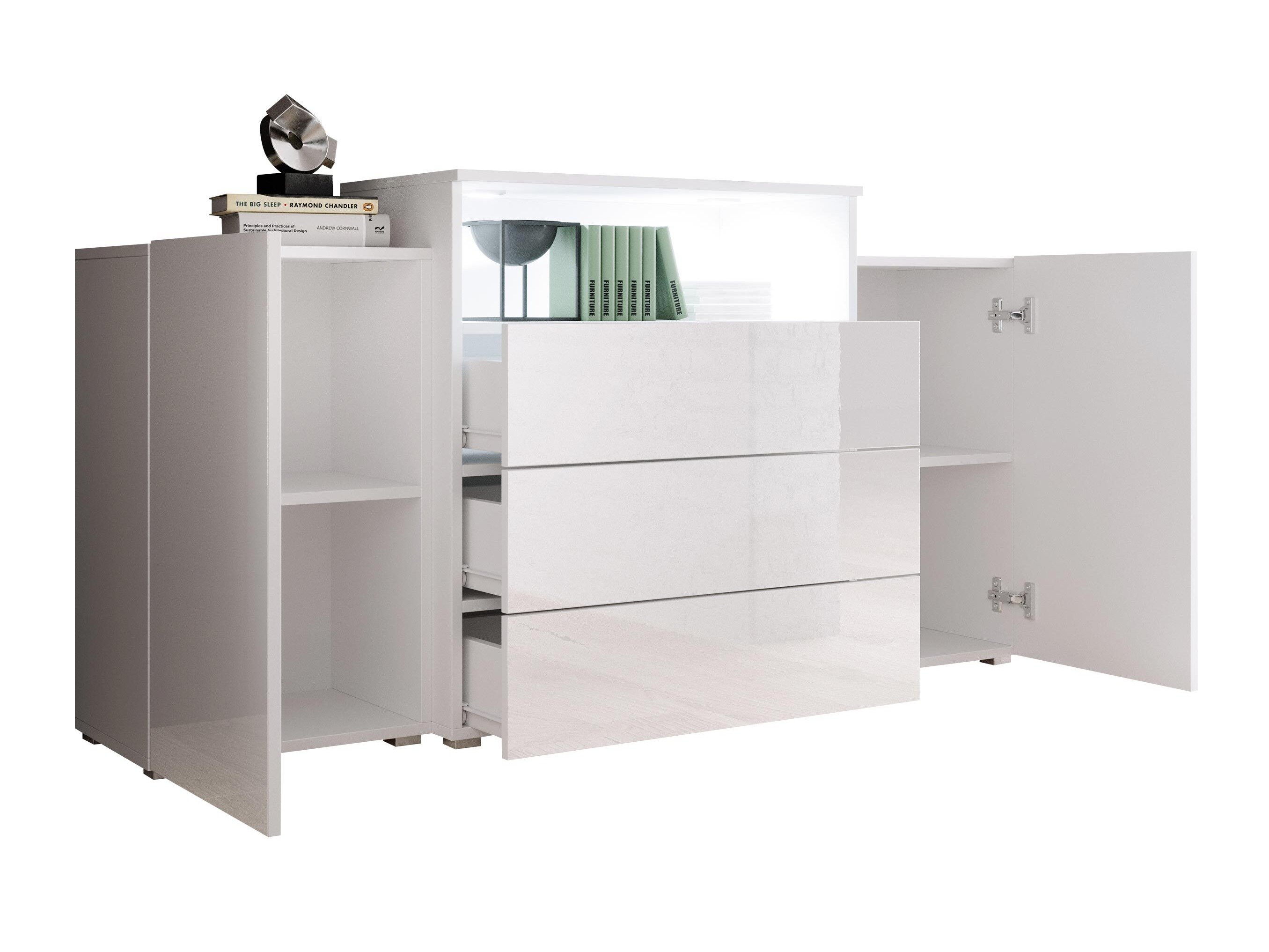 Commode Sarasota 127 (Blanc + Blanc brillant + Chêne wotan)